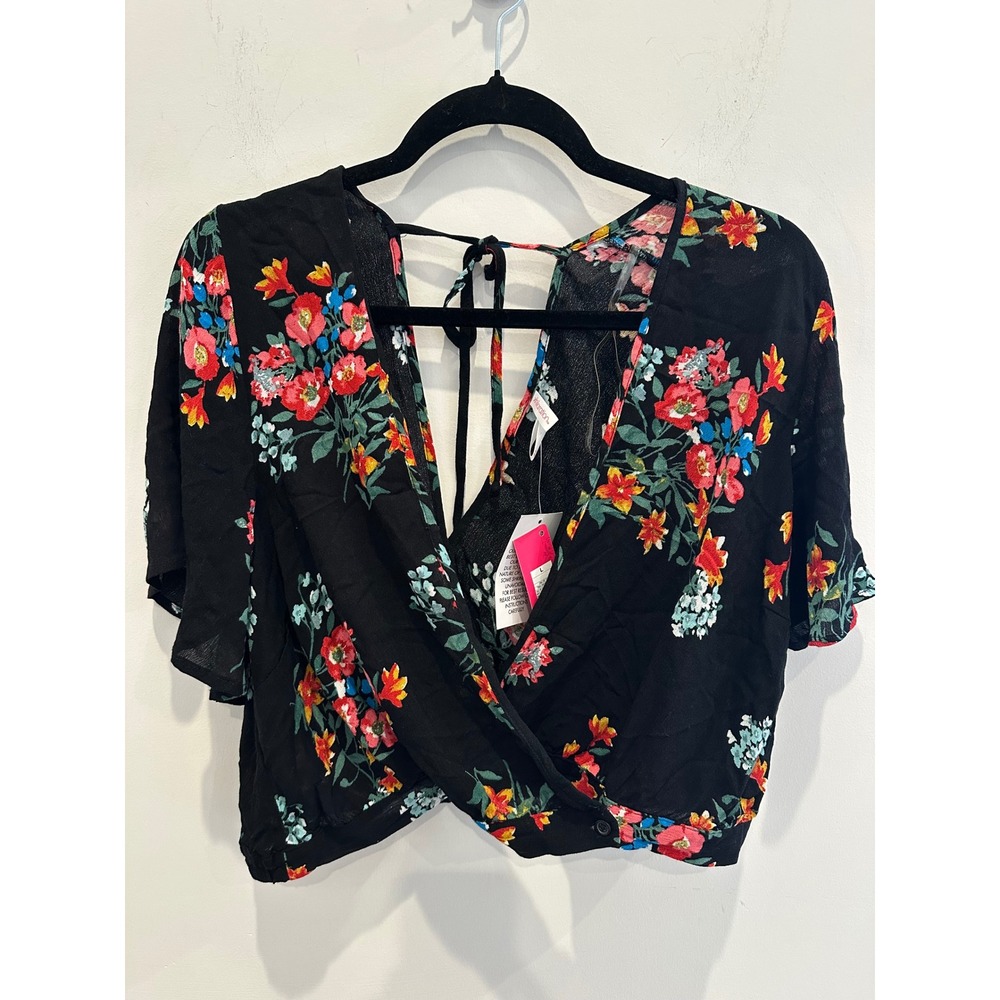 Xhilaration Floral Wrap Crop Top Black Red Blue Short Sleeve Tie Back Size L NWT